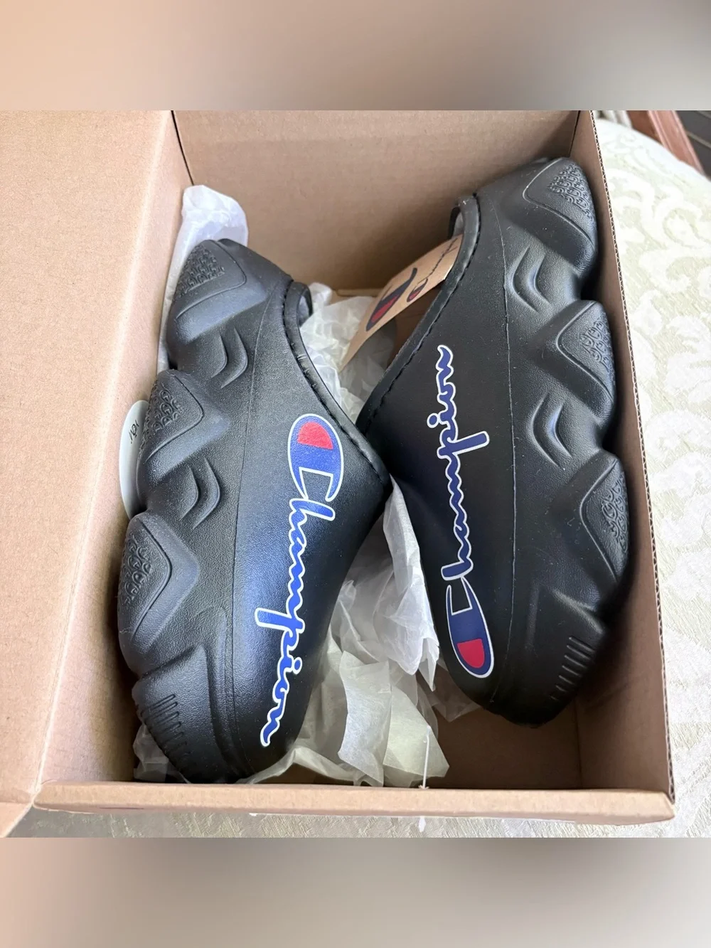 Champion Kids Black Logo Clog Mules with Red & Blue Accent